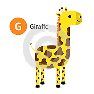 Letter G. Giraffe. Zoo animal alphabet. English abc with cute cartoon kawaii funny baby animals. Education cards for kids.