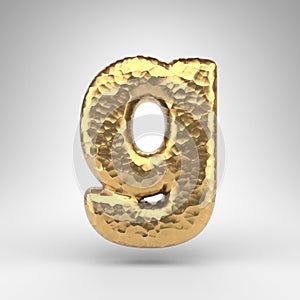 Letter G lowercase on white background. Hammered brass 3D letter with shiny metallic texture