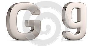Letter g from steel solid alphabet isolated on white background. 3D illustration