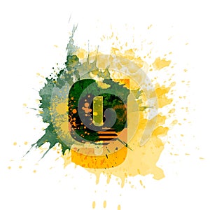 letter G typography design, dark green and yellow ink splash grunge watercolor splatter, isolated on white, grungy backgro photo