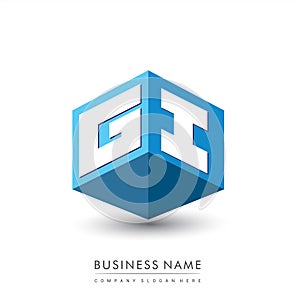 Letter GI logo in hexagon shape and blue background, cube logo with letter design for company identity