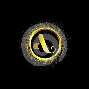 A letter golden icon in middle of golden sparking ring. A logo sign with empty center. Golden sparkling ring with dust glitter