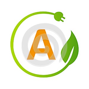 Letter A Green Energy Electrical Plug Logo Template. Electrical Plug Sign Concept with Eco Green Leaf Vector Sign