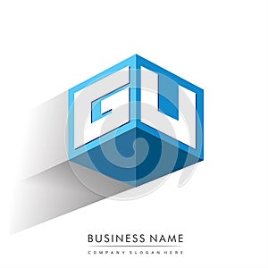 Letter GU logo in hexagon shape and blue background, cube logo with letter design for company identity