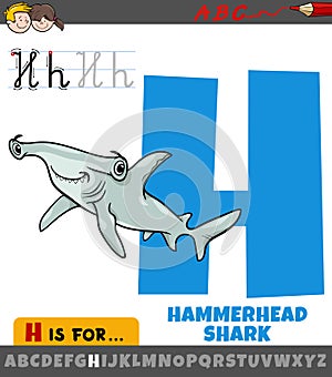 Letter H from alphabet with cartoon hammerhead shark