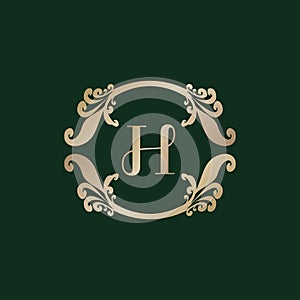 Letter H Alphabet Logo with Luxury Decorative Golden Frame. Elegant Curl Floral Ornament