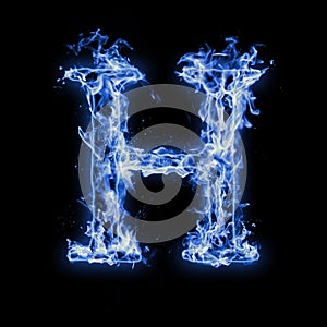 Letter H. Blue fire flames on black