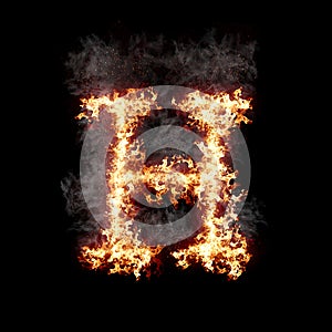 Letter H burning in fire with smoke, digital art isolated on black background, a letter from alphabet set