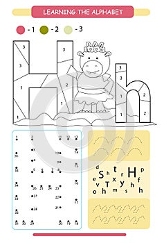Letter H and funny cartoon hippopotamus. Animals alphabet a-z. Coloring page. Printable worksheet. Handwriting practice. Connect t