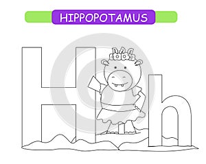 Letter H and funny cartoon hippopotamus. Coloring page. Animals alphabet a-z. Cute zoo alphabet in vector for kids learning Englis