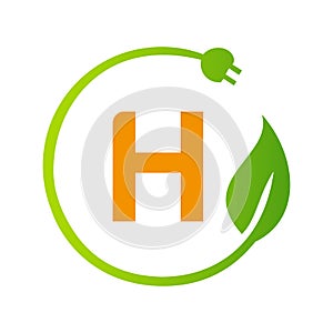 Letter H Green Energy Electrical Plug Logo Template. Electrical Plug Sign Concept with Eco Green Leaf Vector Sign