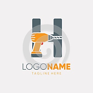 Letter H Hand Drill Machine Logo Design Vector Icon Graphic Emblem Illustration