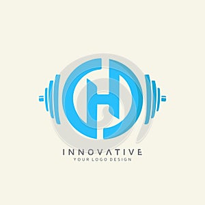 Letter H logo design with dumbbell icon. new best health and physical fitness company vector logo design