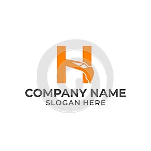 Letter H logo with excavator arm. H excavator logo template, hydraulic logo initials