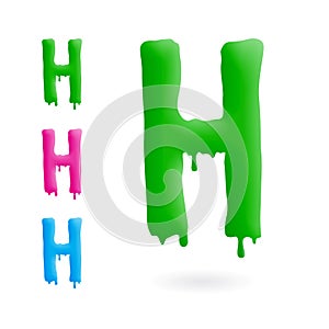 Letter H logo. Green, blue and pink character with drips. Dripping liquid symbol. Isolated vector.