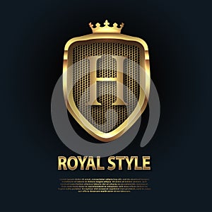 Letter H on the shield with crown isolated on dark background. Golden 3D initial logo business vector template. Luxury