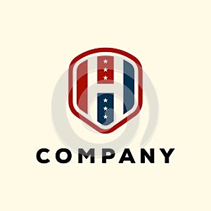 Letter H in the shield with USA icon concept badge design with blue and red American flag emblem elements. Vector illustration