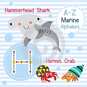 Letter H tracing. Hermit Crab. Hammerhead Shark. Marine alphabet