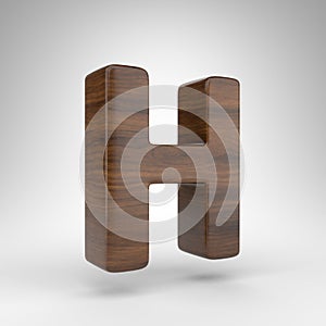 Letter H uppercase on white background. Dark oak 3D letter with brown wood texture.