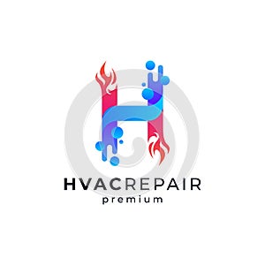 letter H with water and fire for HVAC repair logo design