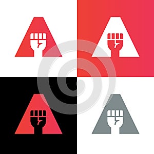 Letter A and hands clenched logo, fist and alphabet A icon, revolution or protest symbol - Vector