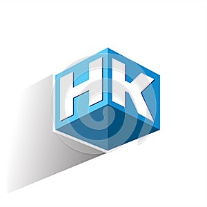Letter HK logo in hexagon shape and blue background, cube logo with letter design for company identity