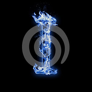 Letter I. Blue fire flames on black