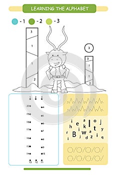 Letter I and funny cartoon impala. Animals alphabet a-z. Coloring page. Printable worksheet. Handwriting practice. Connect the dot