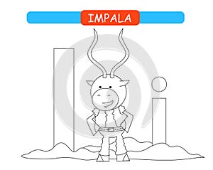 Letter I and funny cartoon impala. Coloring page. Animals alphabet a-z. Cute zoo alphabet in vector for kids learning English voca