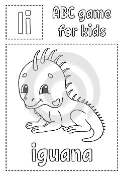 Letter I is for iguana. ABC game for kids. Alphabet coloring page. Cartoon character. Word and letter. Vector illustration