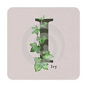 Letter I with ivy decor on the square card. Watercolor illustration. Forest nature ABC alphabet element for study
