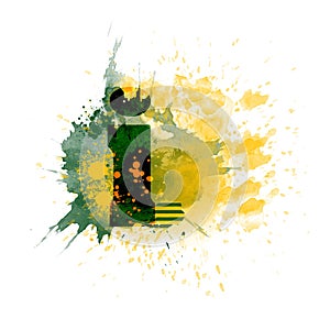 letter I typography design, dark green and yellow ink splash grunge watercolor splatter, isolated on white, grungy backgro photo