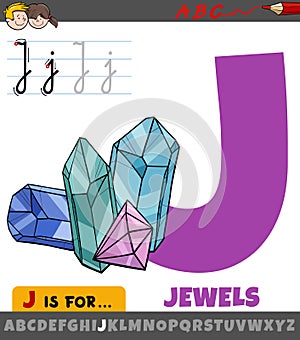 letter J from alphabet with cartoon jewels objects