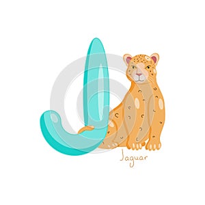 Letter J. Children's alphabet, cute jaguar. Vector illustration for learning English.