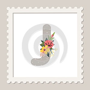 Letter J with flowers. Floral alphabet font uppercase