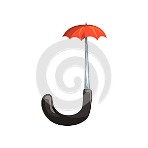 Letter J formed of red handle umbrella. Detailed cartoon character. Concept of English alphabet, ABC. Colored flat