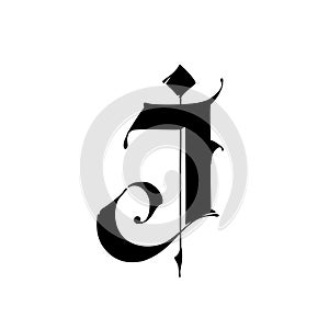 Letter J, in the Gothic style. Vector. Alphabet. The symbol is isolated on a white background. Calligraphy and lettering. Medieval