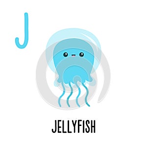 Letter J Jellyfish. Animal and food alphabet for kids. Cute cartoon kawaii English abc. Funny Zoo Fruit Vegetable learning.