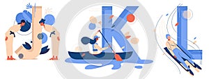 Letter J for judo  K for kayaking  L for luge isolated on white. Vector educative collection with women sport characters training