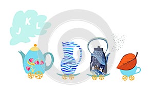 Letter J, K, L. Cute cartoon english alphabet with colorful image. Teapot and cups train.