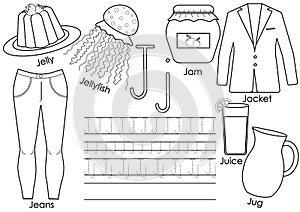 Letter J. Learning English alphabet. Writing practice