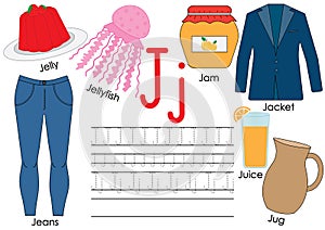 Letter J. Learning English alphabet. Writing practice.