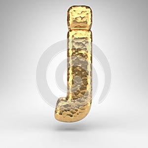 Letter J lowercase on white background. Hammered brass 3D letter with shiny metallic texture