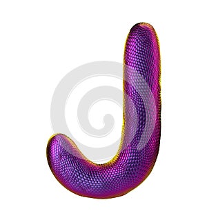 Letter J made of natural snake skin texture purpur color. 3D letter render isolated on white.