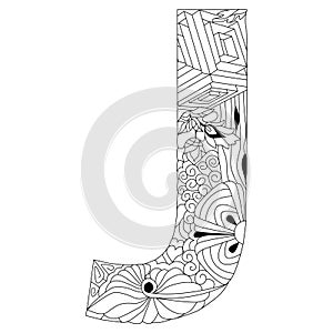 Letter J monogram for coloring, engraving design. Vector illustration.