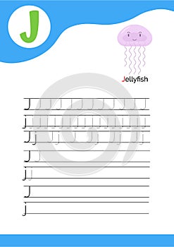 Letter J with a picture of jellyfish and seven lines of letter J writing practice. Handwriting practice and alphabet learning