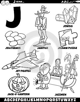 Letter J set with cartoon objects and characters coloring page