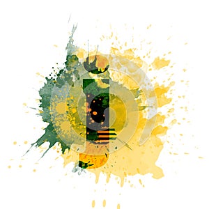 Letter J typography design, dark green and yellow ink splash grunge watercolor splatter, isolated on white, grungy backgro photo