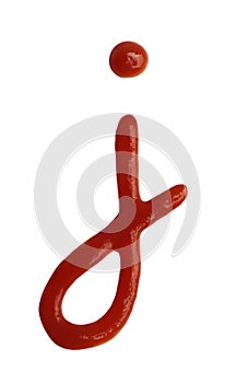 Letter J written with ketchup on white background