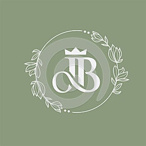 Letter jb with crown with Hand drawn floral wreath leaves circle frame